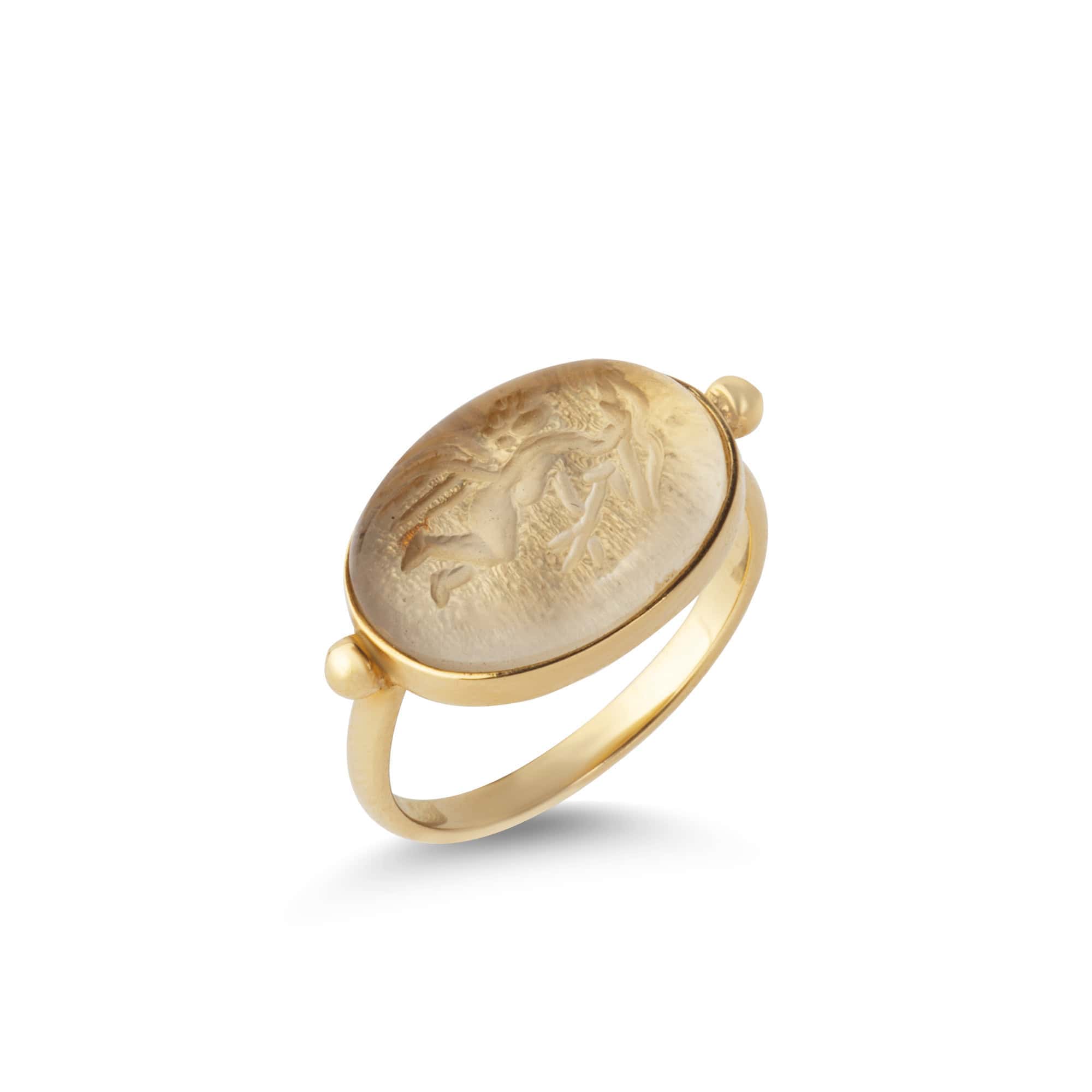 Crystal de roche oval carved ring with the angel of love — Melina Fachidis