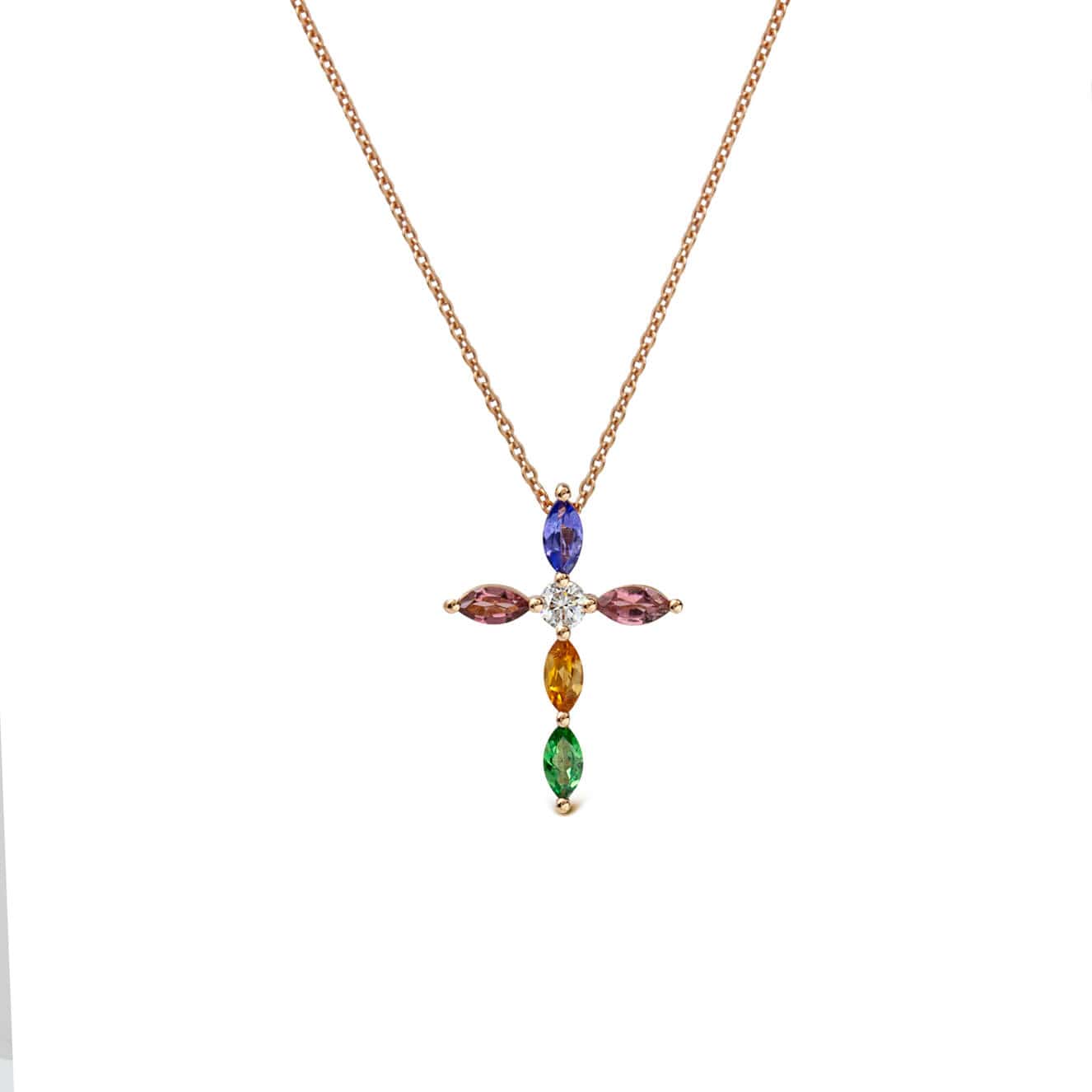 Multi color 18k rose gold cross necklace — Melina Fachidis