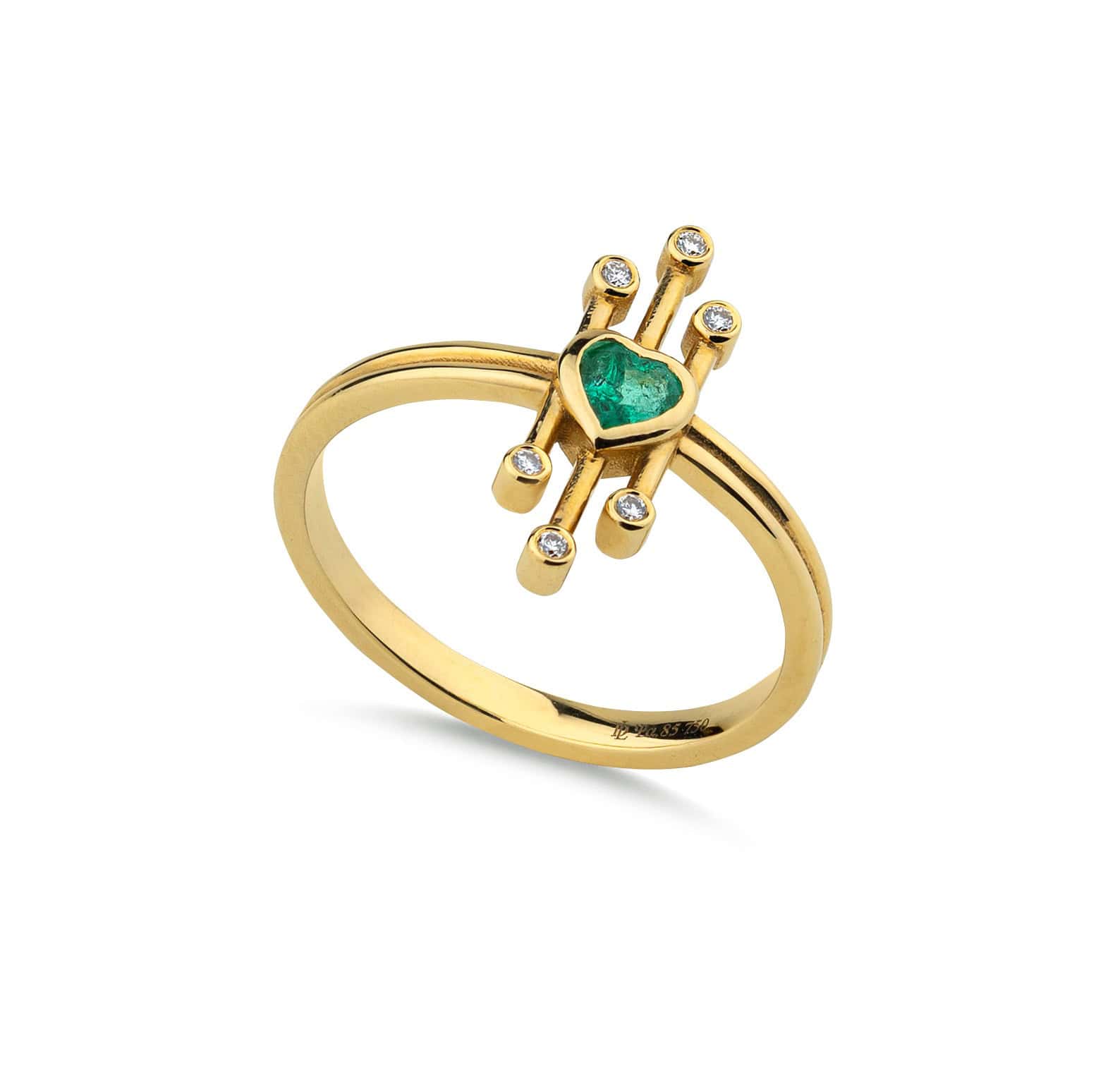 Three lines 18k yellow gold ring with an emerald heart & six white diamonds. — Melina Fachidis