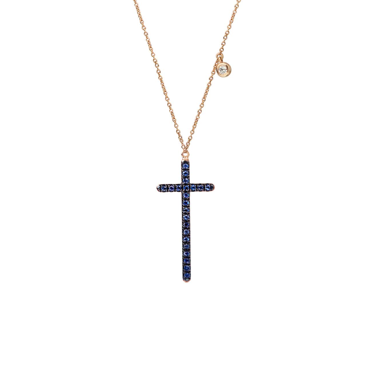 Blue sapphire long cross pendant with one diamond — Melina Fachidis
