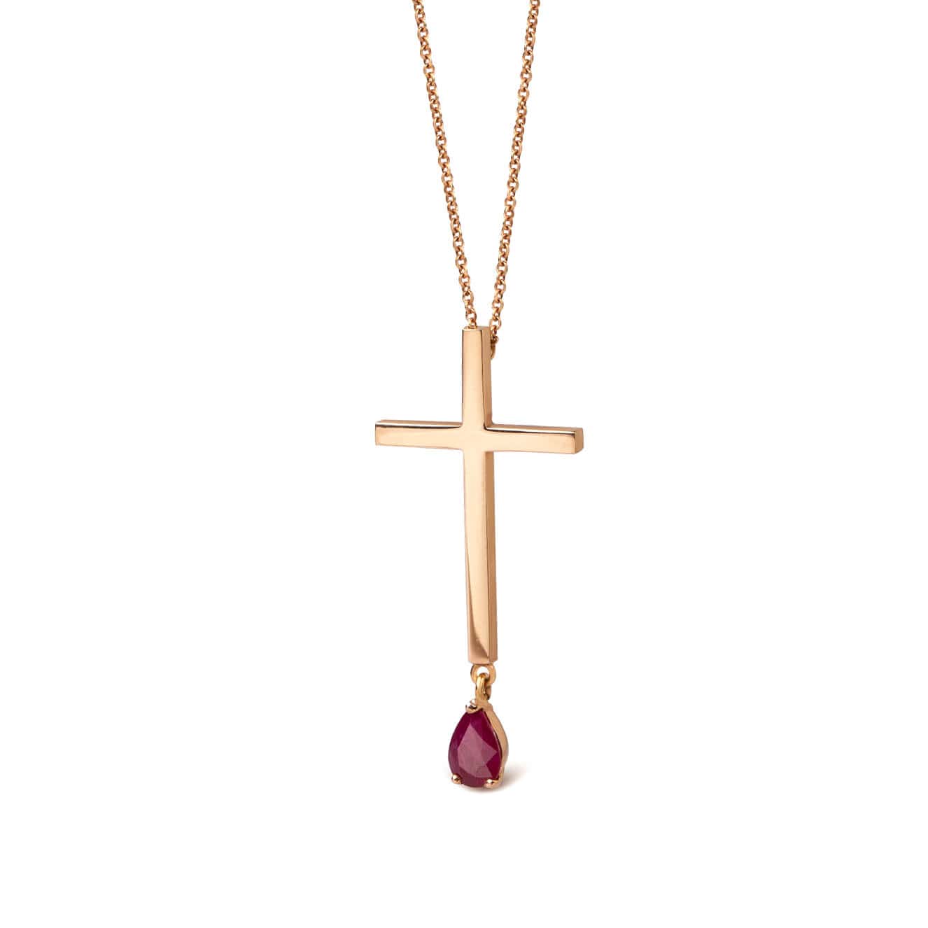 14k rose gold cross with a ruby drop hanging — Melina Fachidis