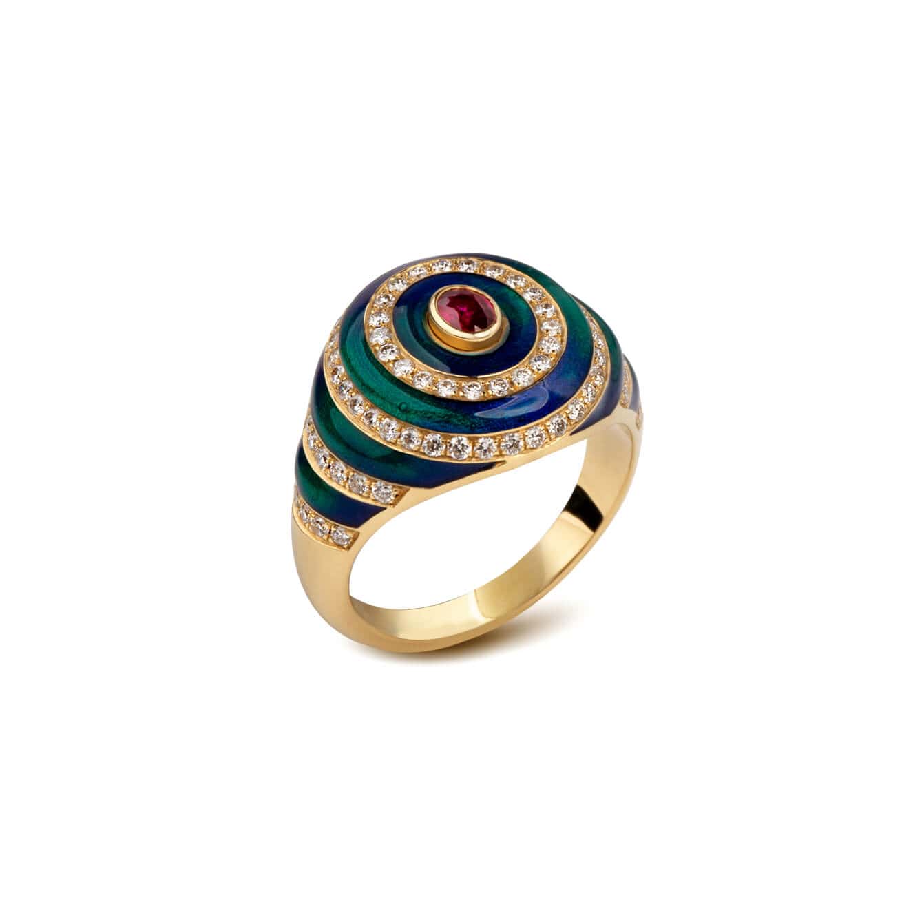 Enameled ring with an oval ruby and diamonds — Melina Fachidis