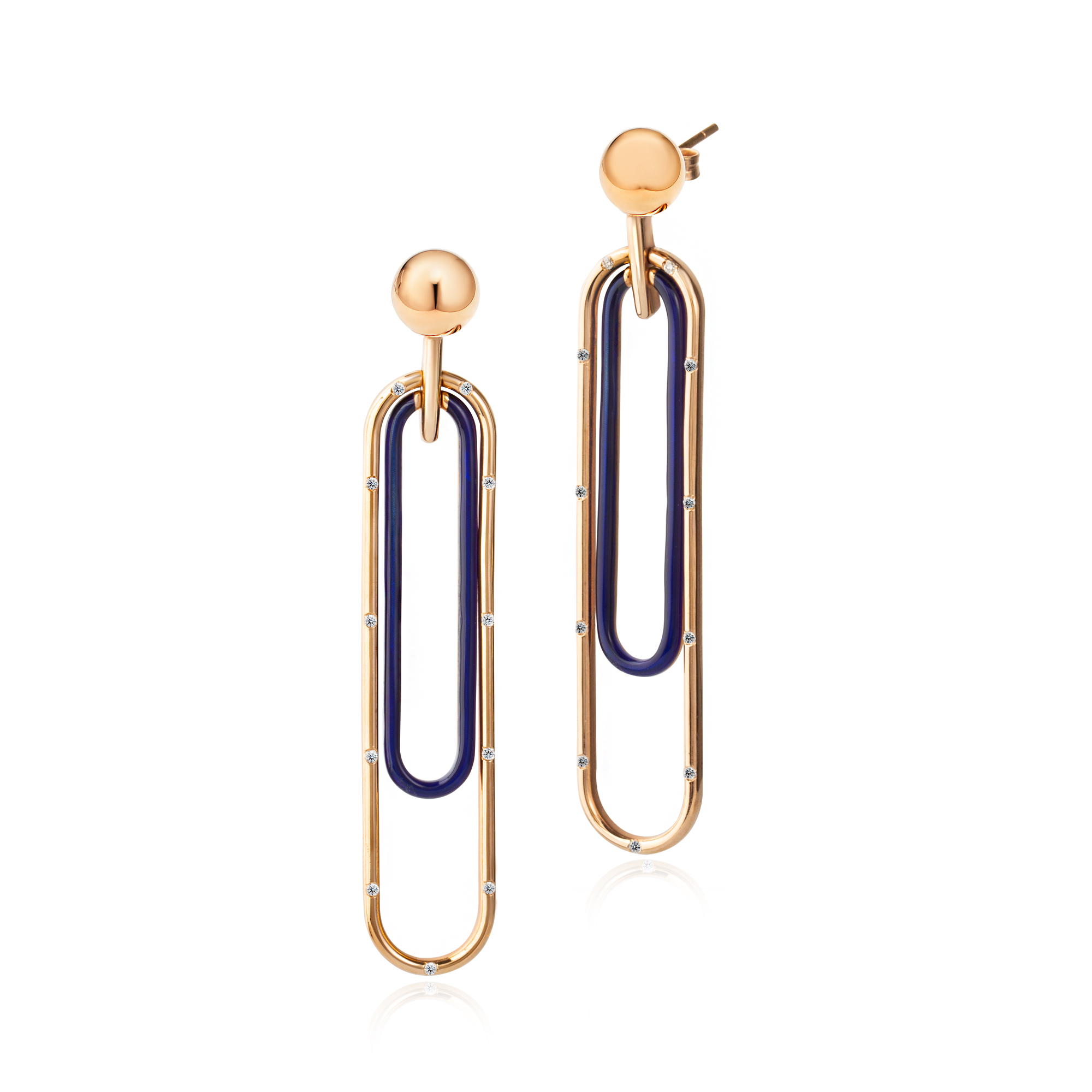 Paper clip earrings blue enameled dressed with diamonds — Melina Fachidis