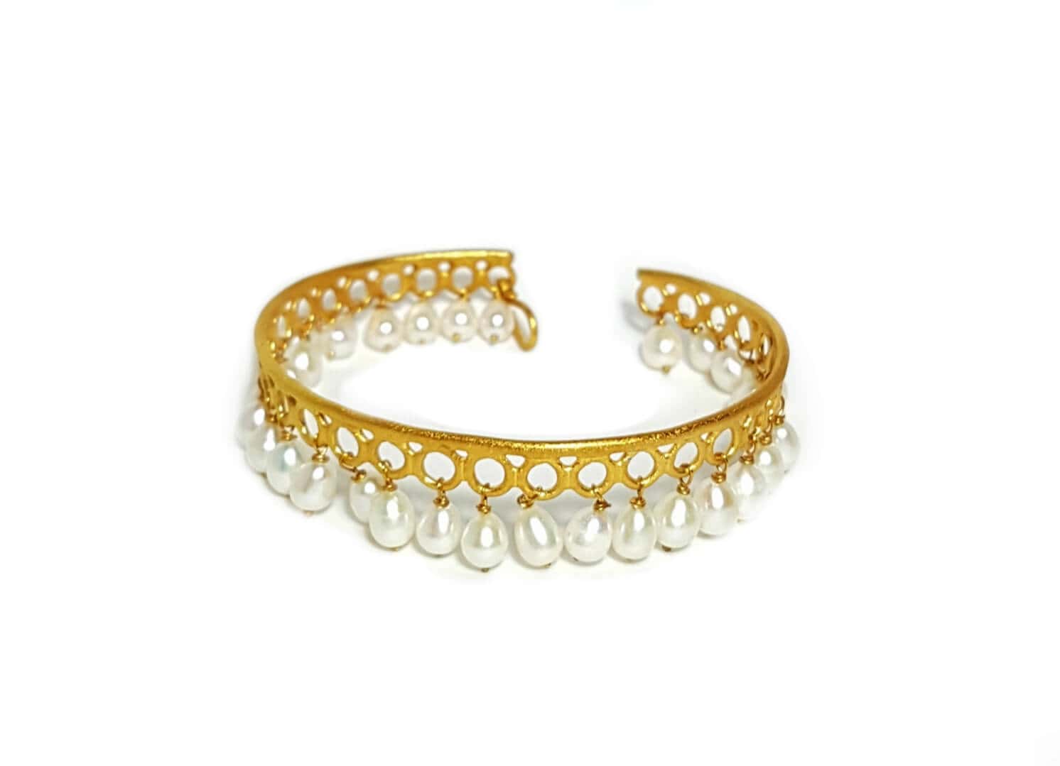 Perforated silver bangle bracelet with pearl drops — Melina Fachidis