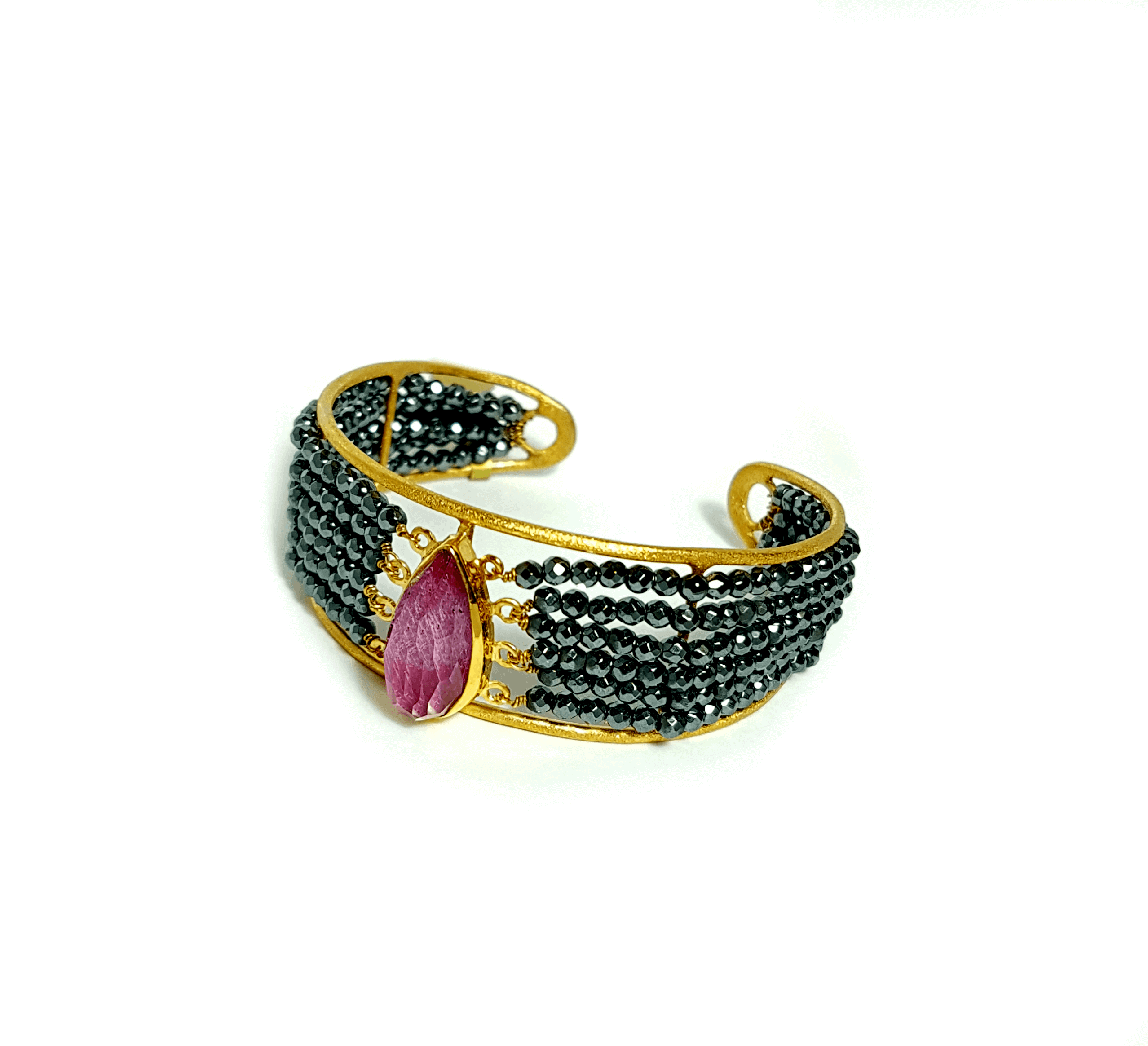 Multi strand cuff bracelet with a ruby quartz & hematites — Melina Fachidis