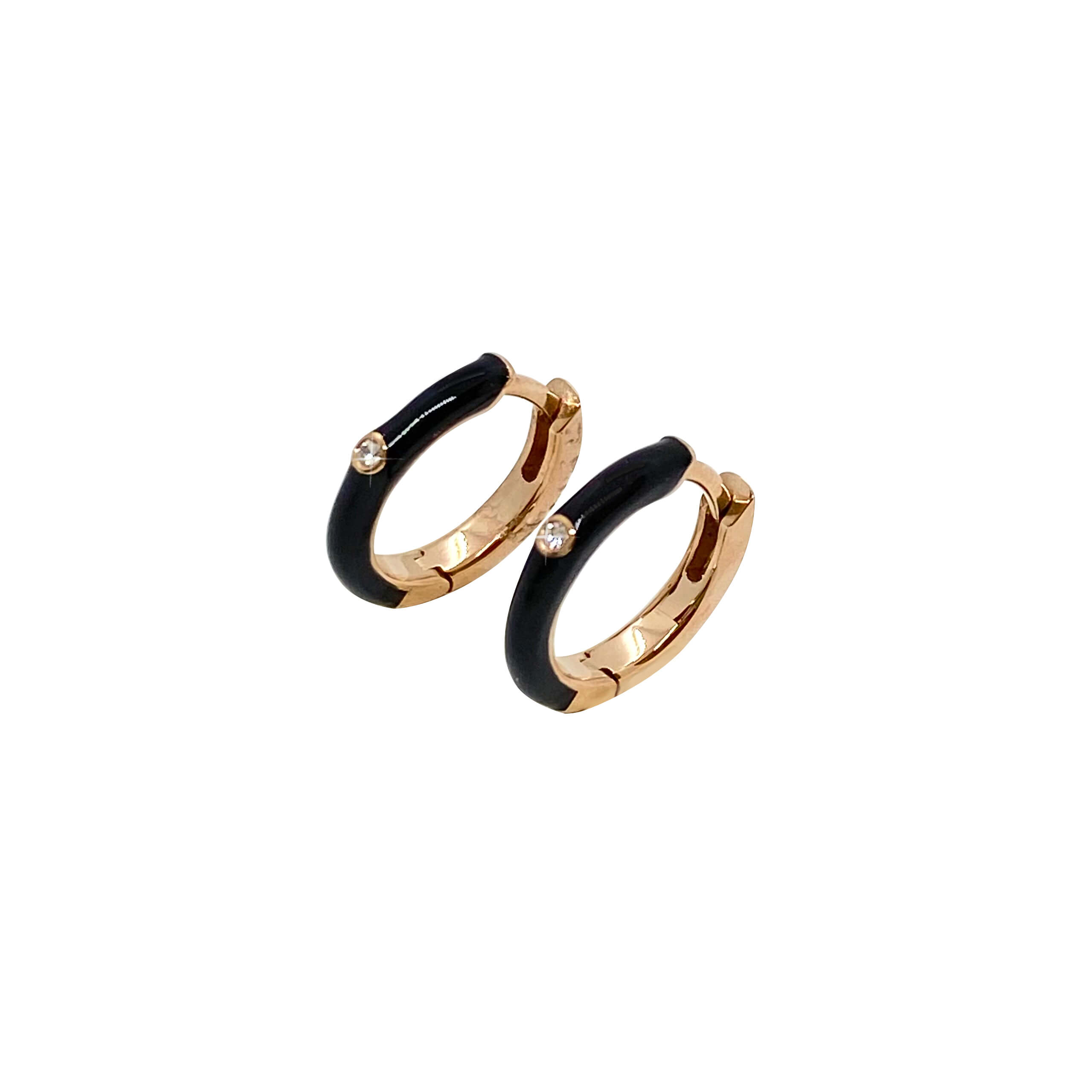 Small hoops with black enamel in half & two white diamonds — Melina Fachidis