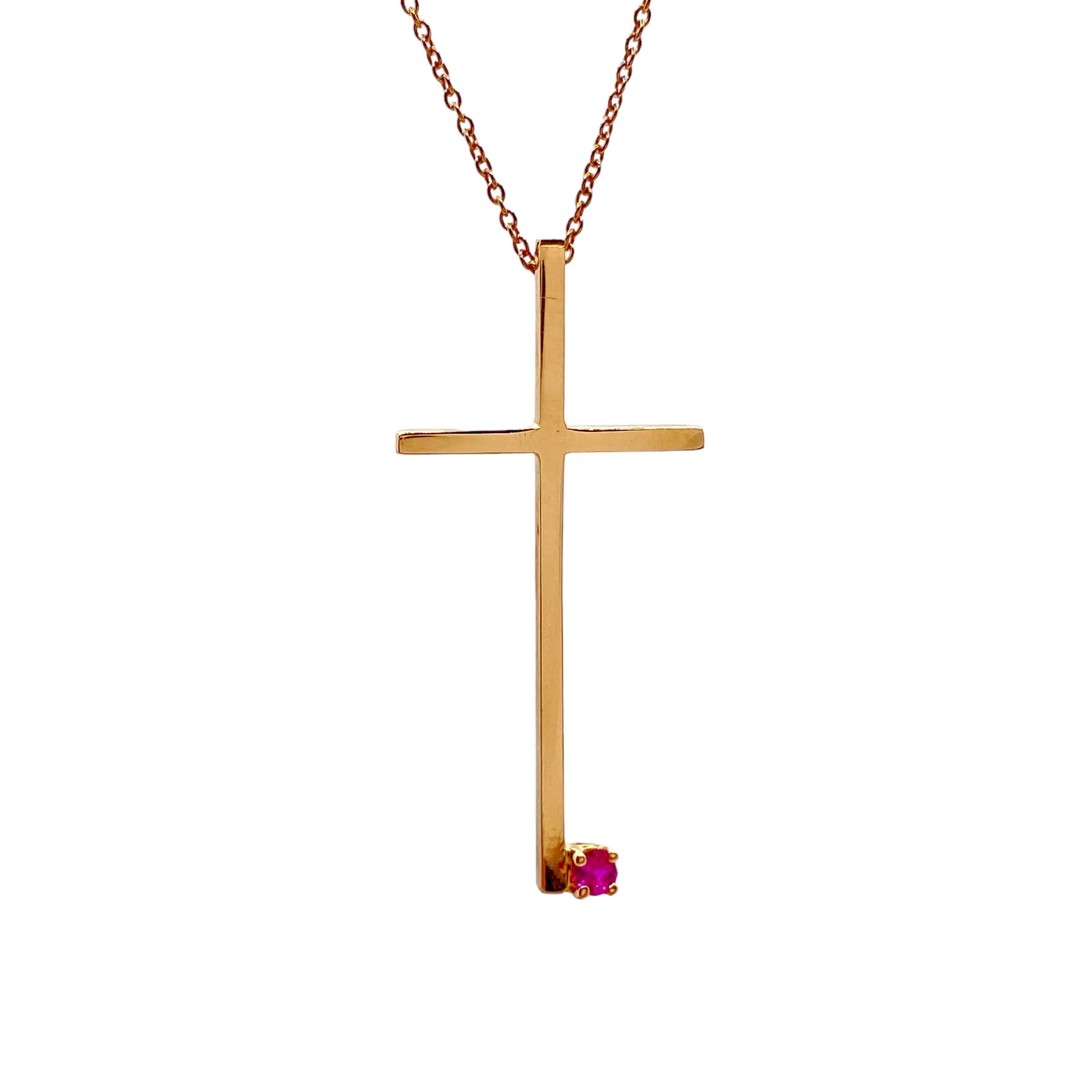 Minimal cross pendant with one ruby — Melina Fachidis