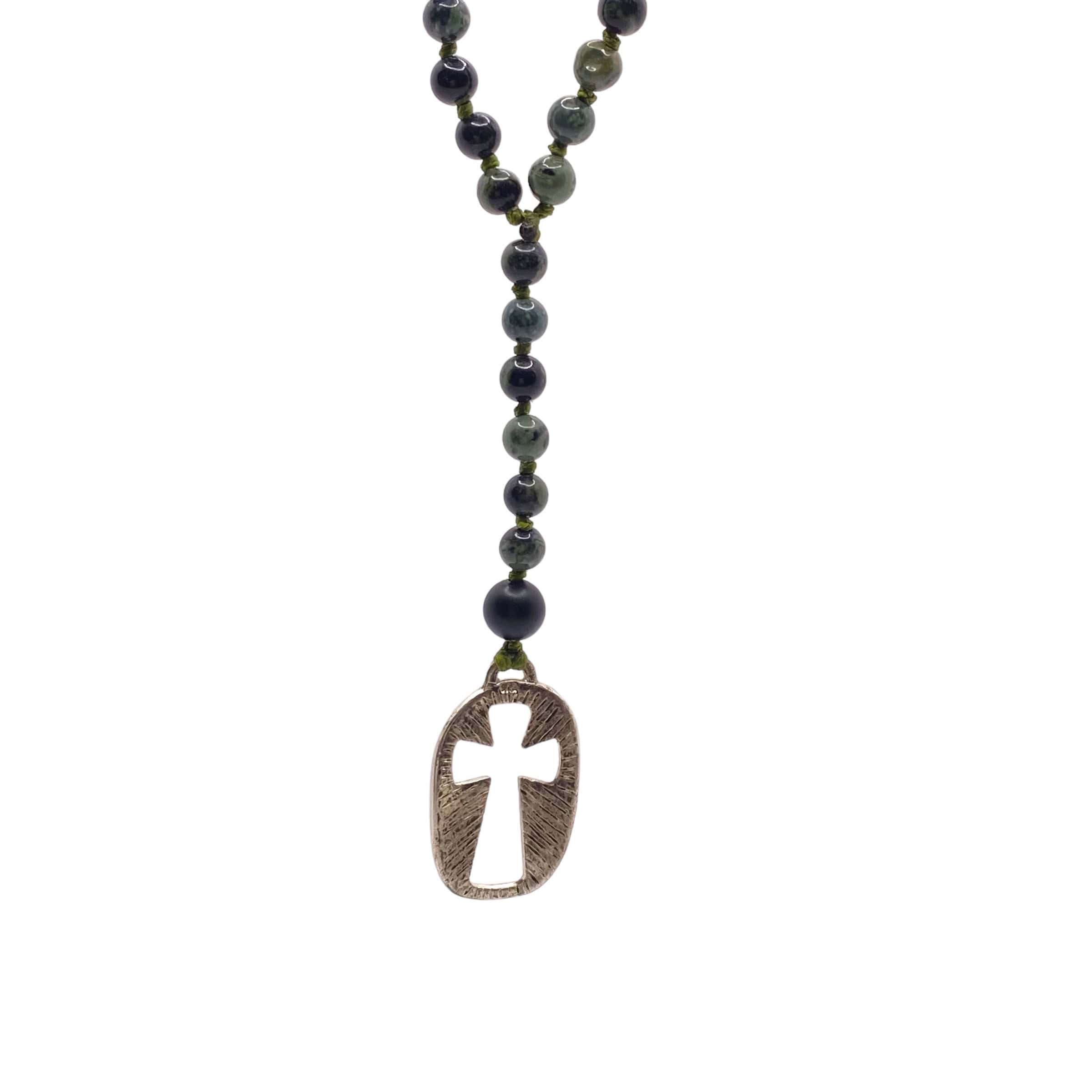 Mens oval-shaped cross with green agate rosary — Melina Fachidis