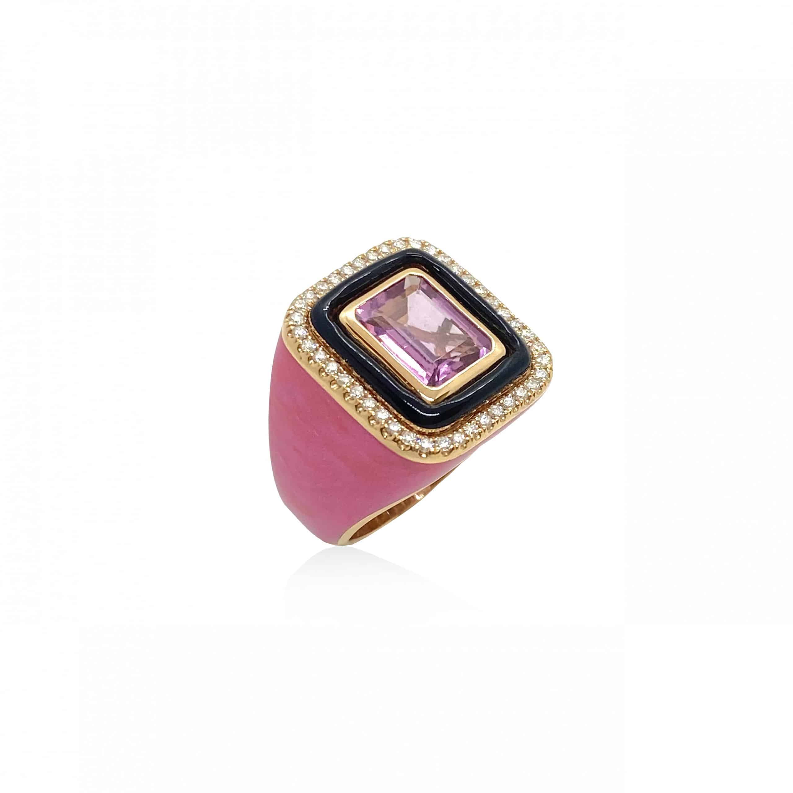 Pink rectangular tourmaline rose enamel ring — Melina Fachidis