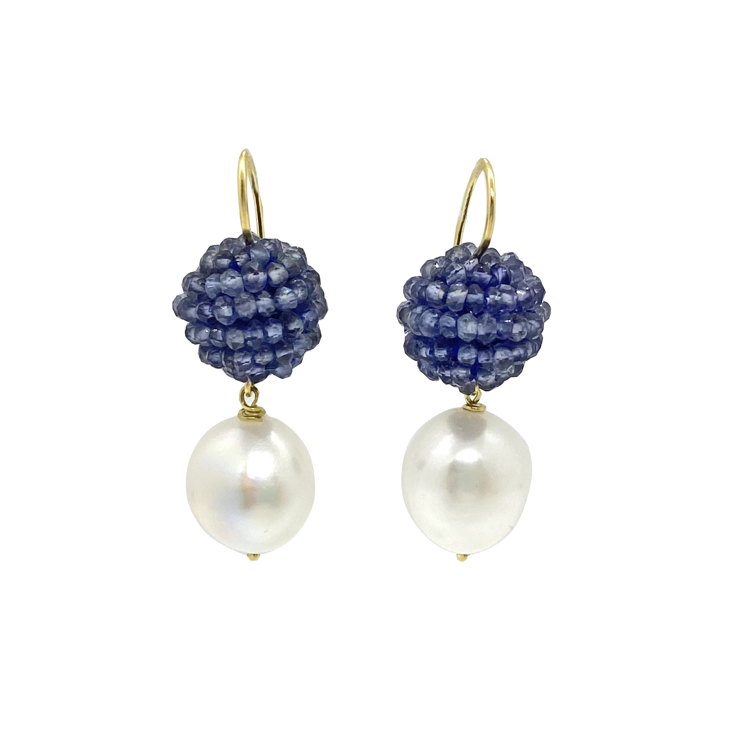 Iolite-pearl hanging earrings — Melina Fachidis